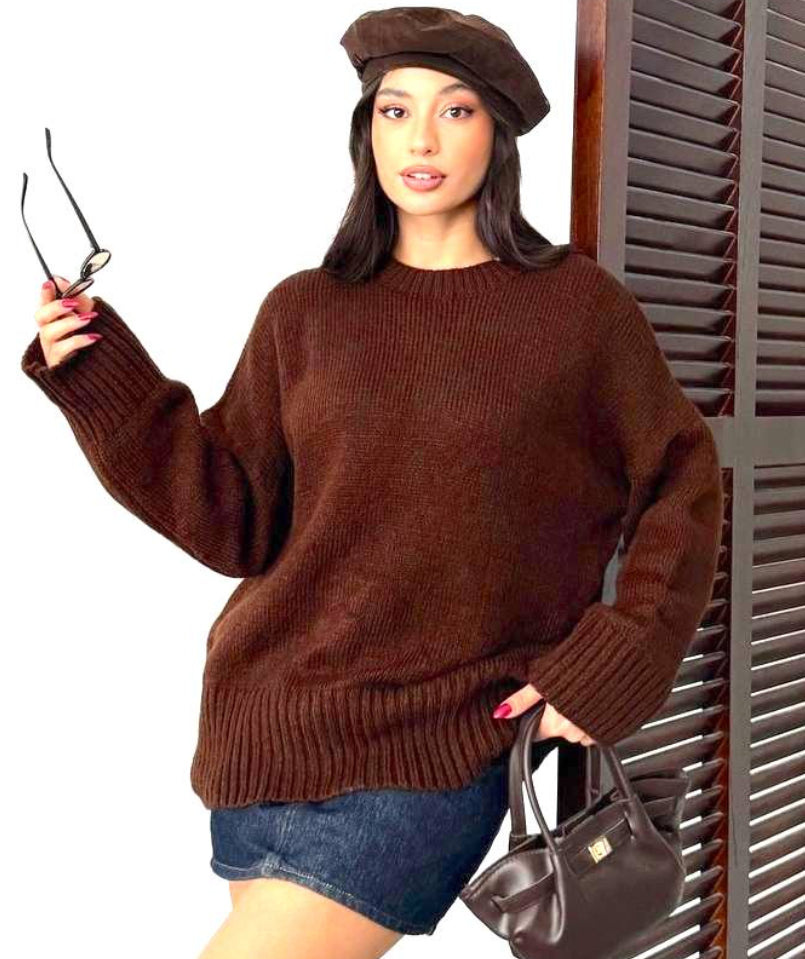 Women's Oversized Ribbed Knit Crew Neck Jumper – Soft & Cozy Fit (Style 4442)