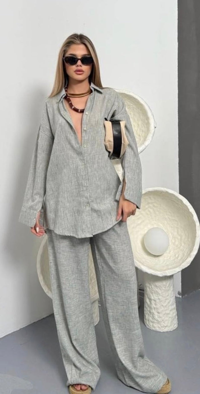 Textured Relaxed Fit Shirt & Wide-Leg Trouser Co-Ord Set 9103