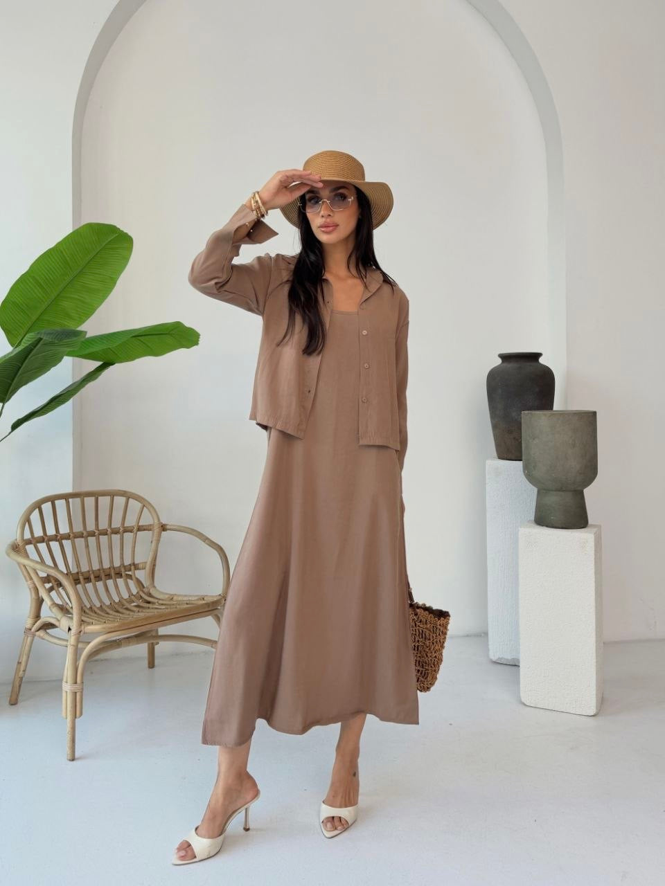 Linen Look Midi Dress & Lightweight Cardigan Co-Ord Set Style 1003