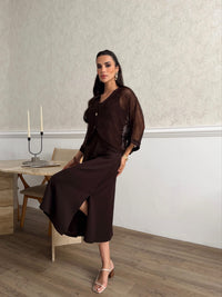 A woman models a dark brown midi dress with a sheer mesh long-sleeve top overlay in a modern indoor setting with a light patterned wall and wood flooring.