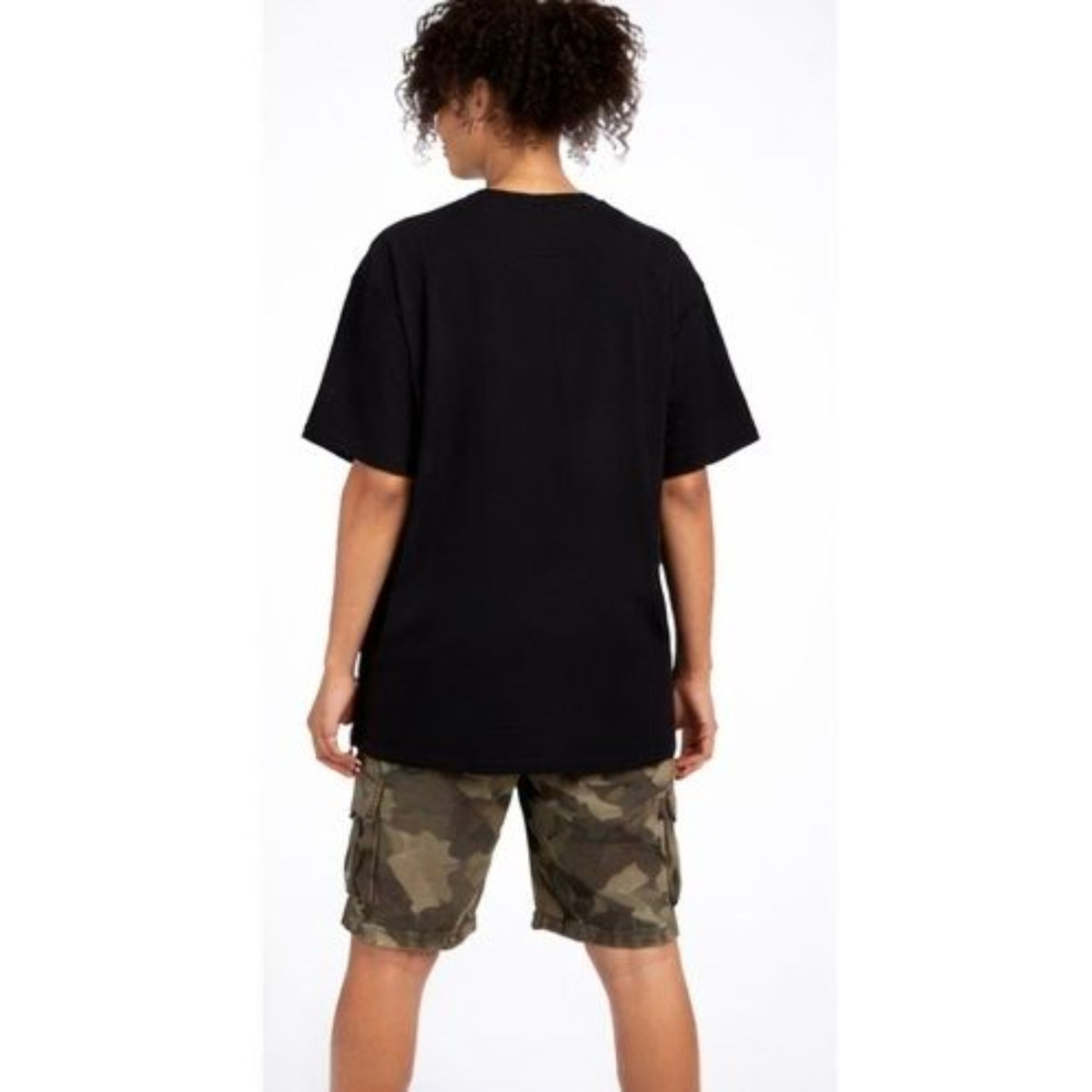 Person wearing a black t-shirt and camouflage shorts on a white background