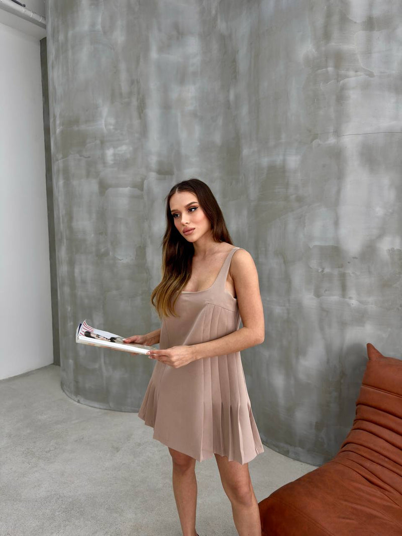 Women baby doll strappy dress fully lined pleats front and back zip at backdress 4435