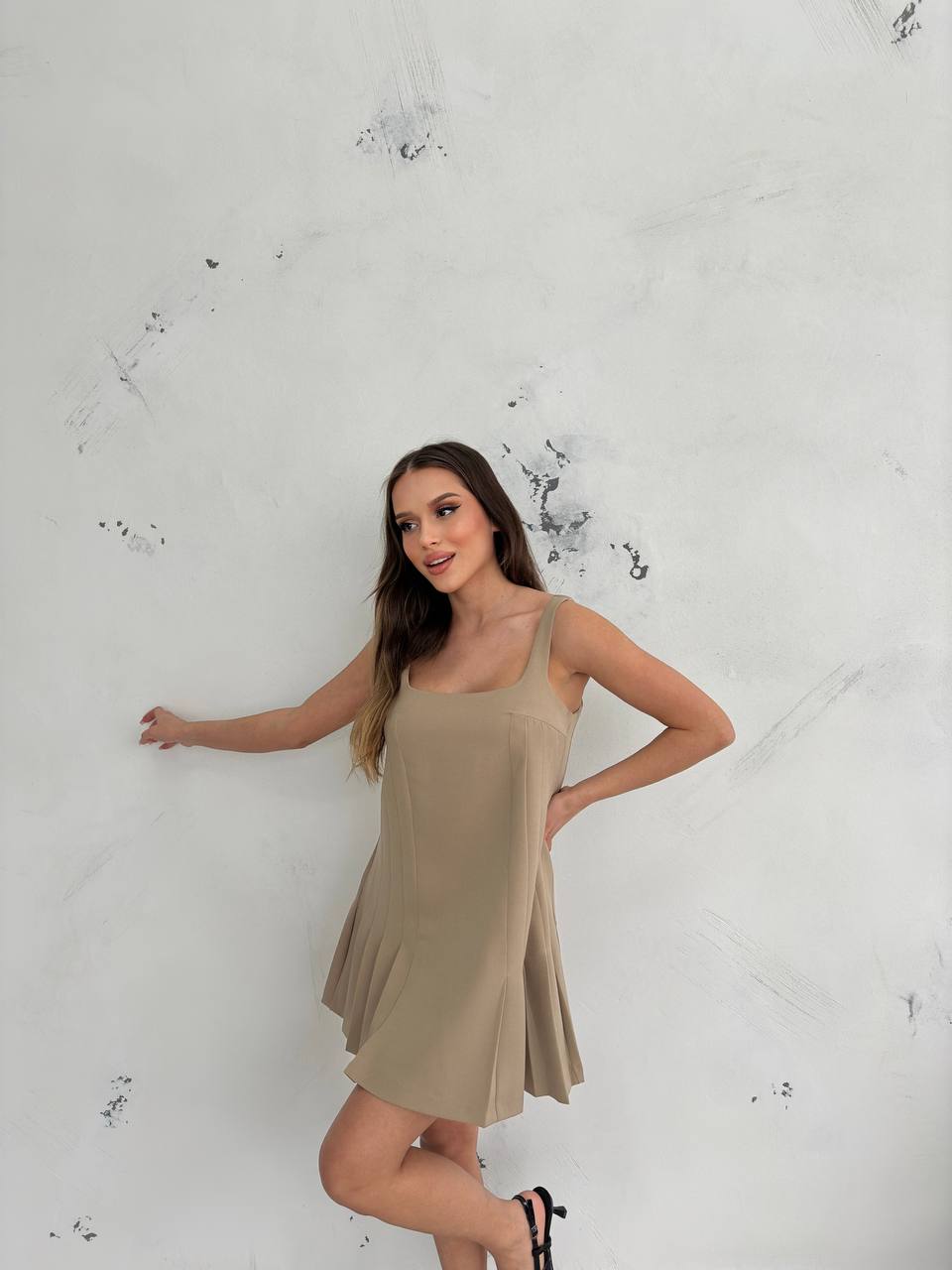 Women baby doll strappy dress fully lined pleats front and back zip at backdress 4435