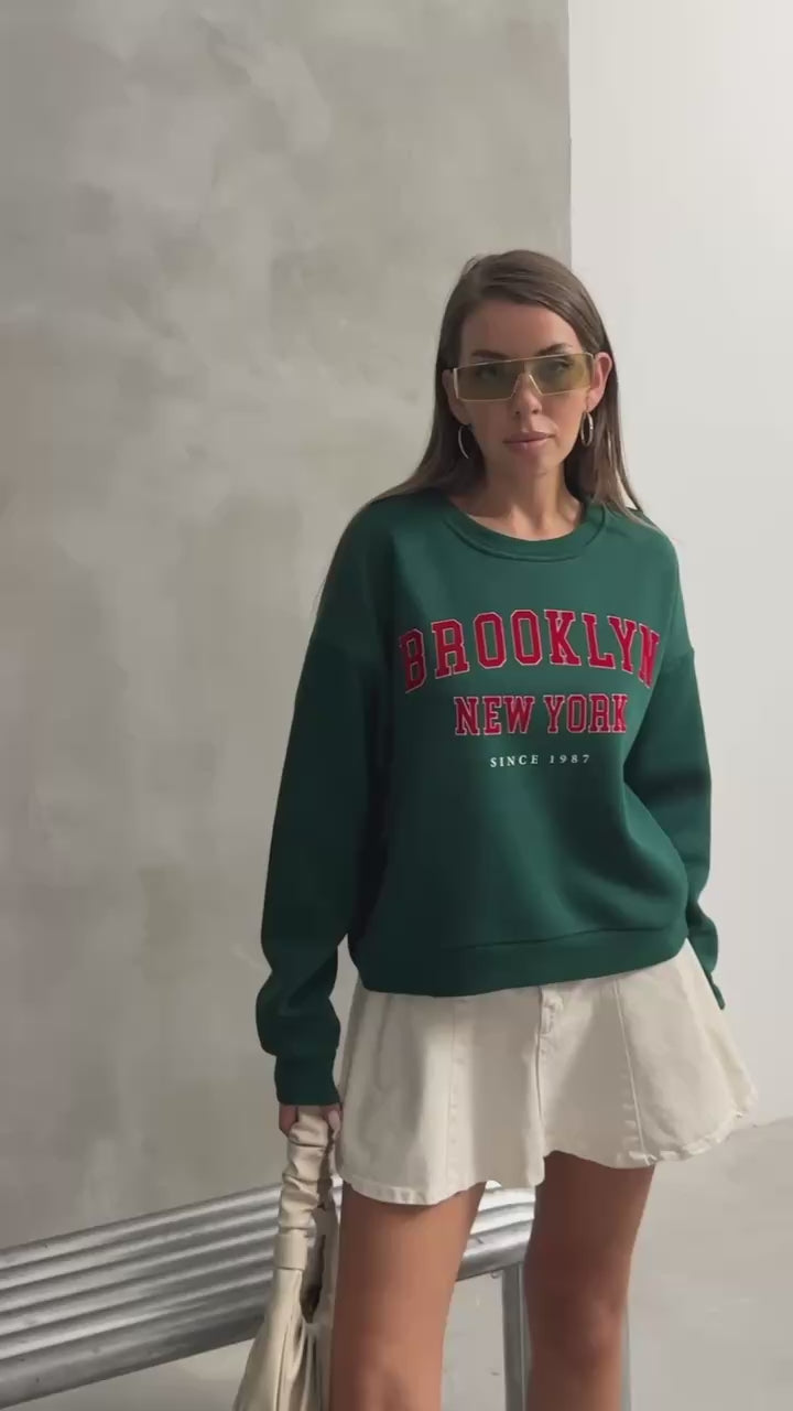 Brooklyn New York Oversized Sweatshirt- Forest Green 4445
