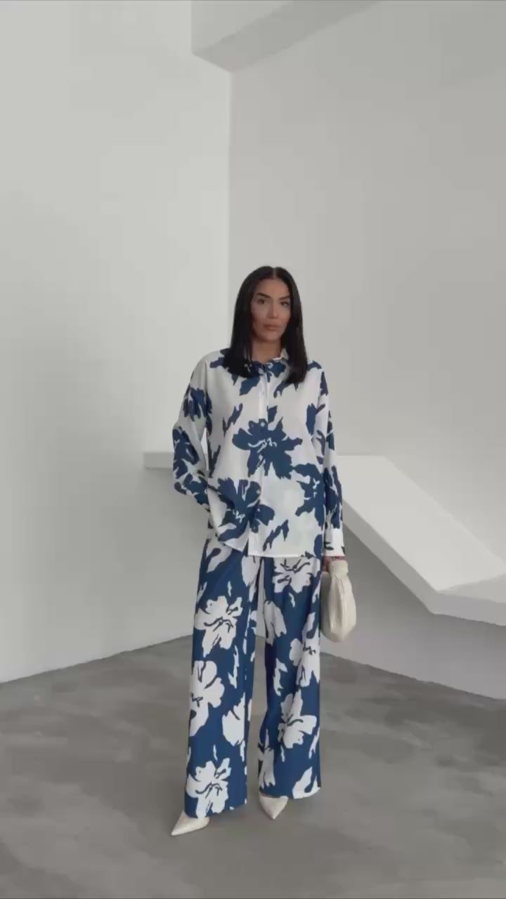 Women's Casual Outfits Print Two Piece Set Long Sleeve button Top Drawstring Long wide leg Pants 2441