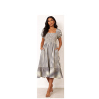 Fat Gorilla Navy and Cream Stripe Shirred Midi Dress