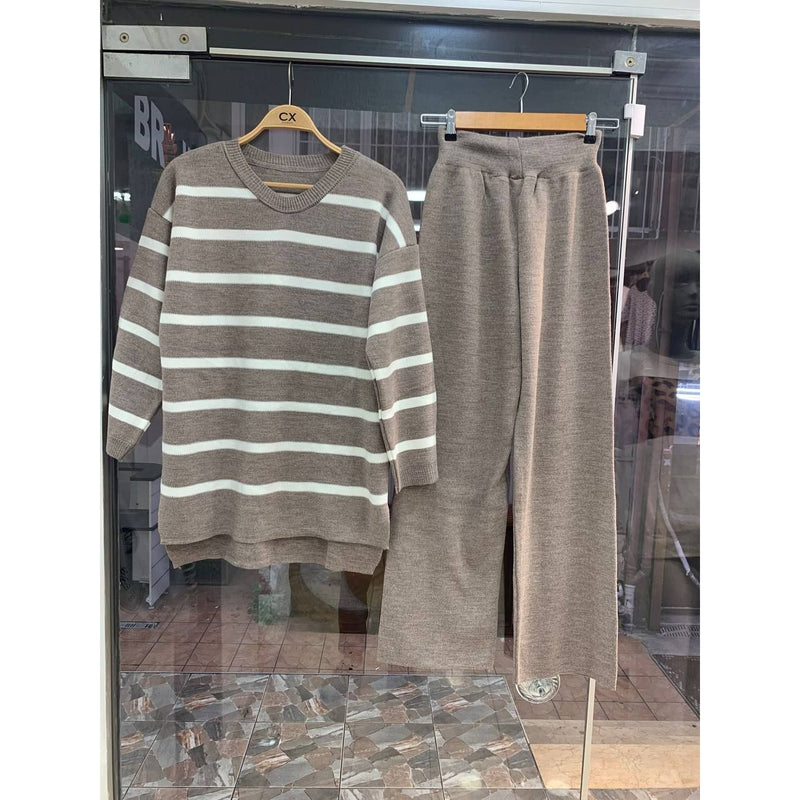 Striped Knit C0-Ord Set - Soft Premium 2-Piece Outfit colour beige