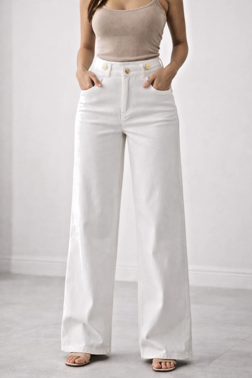 Women's White High Waist Stretch Cotton Wide Leg Trousers