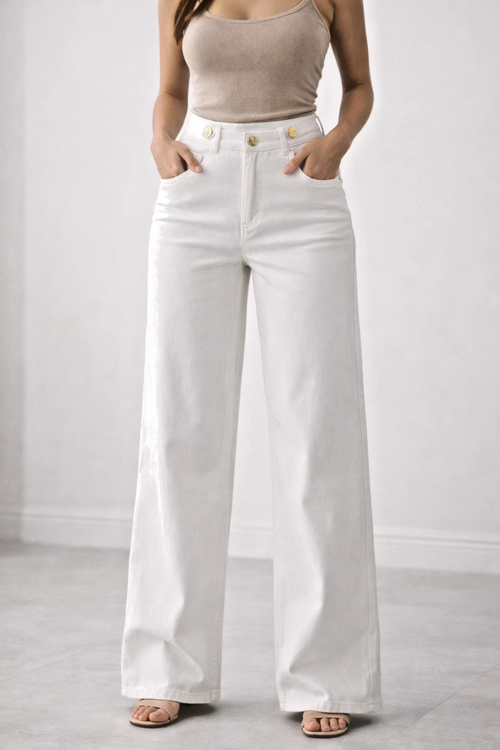 Women's White High Waist Stretch Cotton Wide Leg Trousers